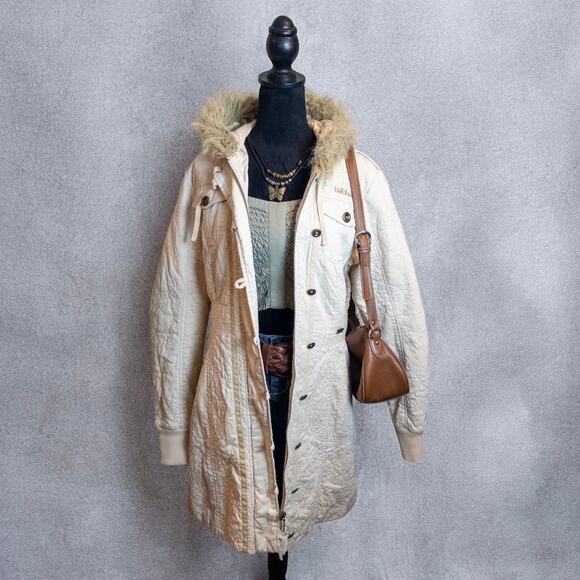 Vintage Y2K Billabong Embroidered Faux Fur Hooded Full Zip Parka Jacket Large - Picture 1 of 14